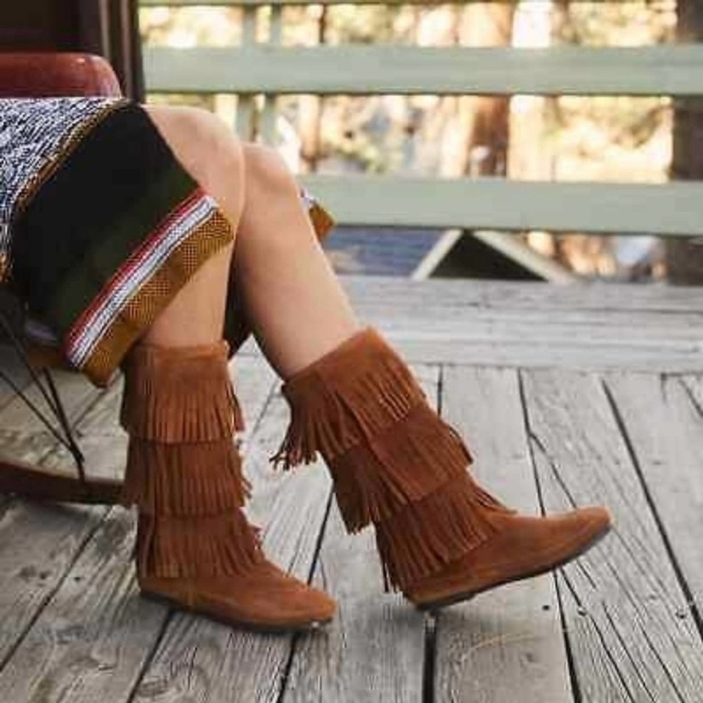 Minnetonka Triple Fringe Suede Moccasin Boots - Chestnut - Picture 2 of 11